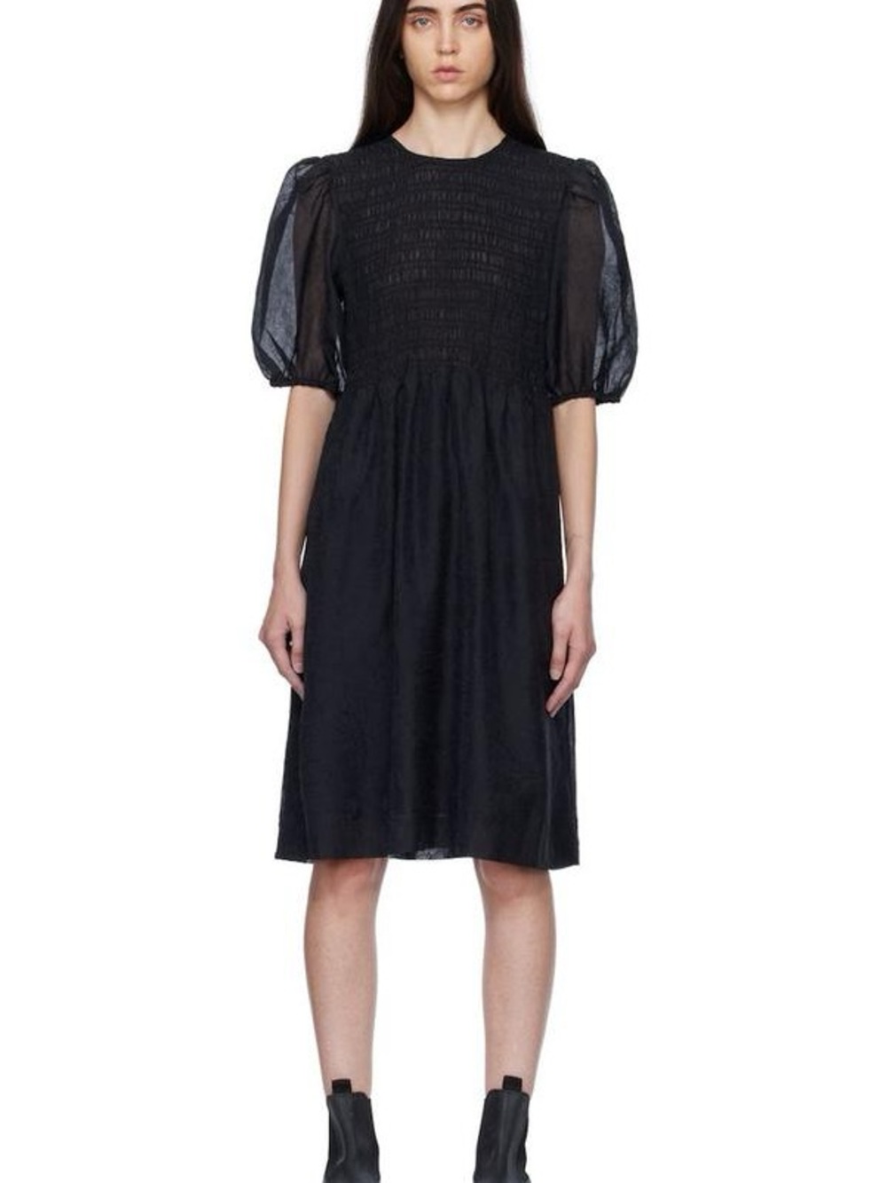 GANNI Smocked Bodice Puff-Sleeve Midi Dress - Black
